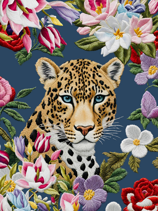 Cuadro Bordado Leopardo en flores V