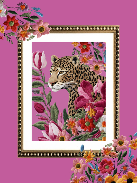Cuadro Bordado Leopardo en flores I