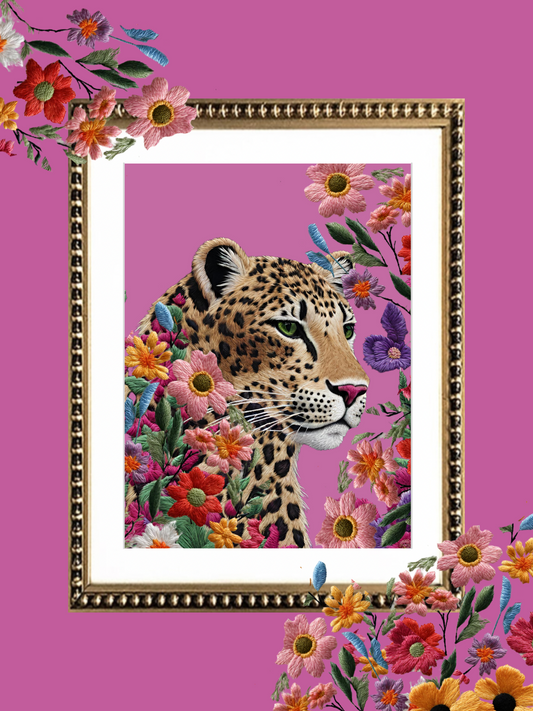 Cuadro Bordado Leopardo en flores