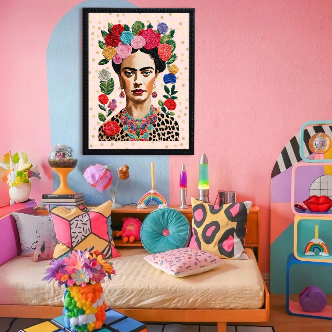 Cuadro Bordado Frida Flores Gold