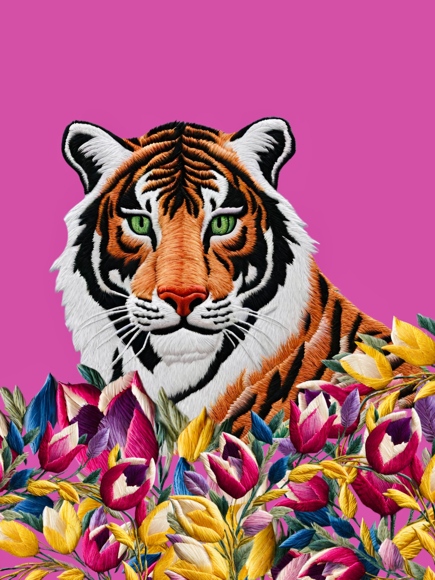 Cuadro Bordado Tigre en flores