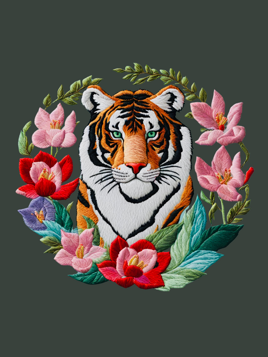 Cuadro Bordado Tigre en flores II