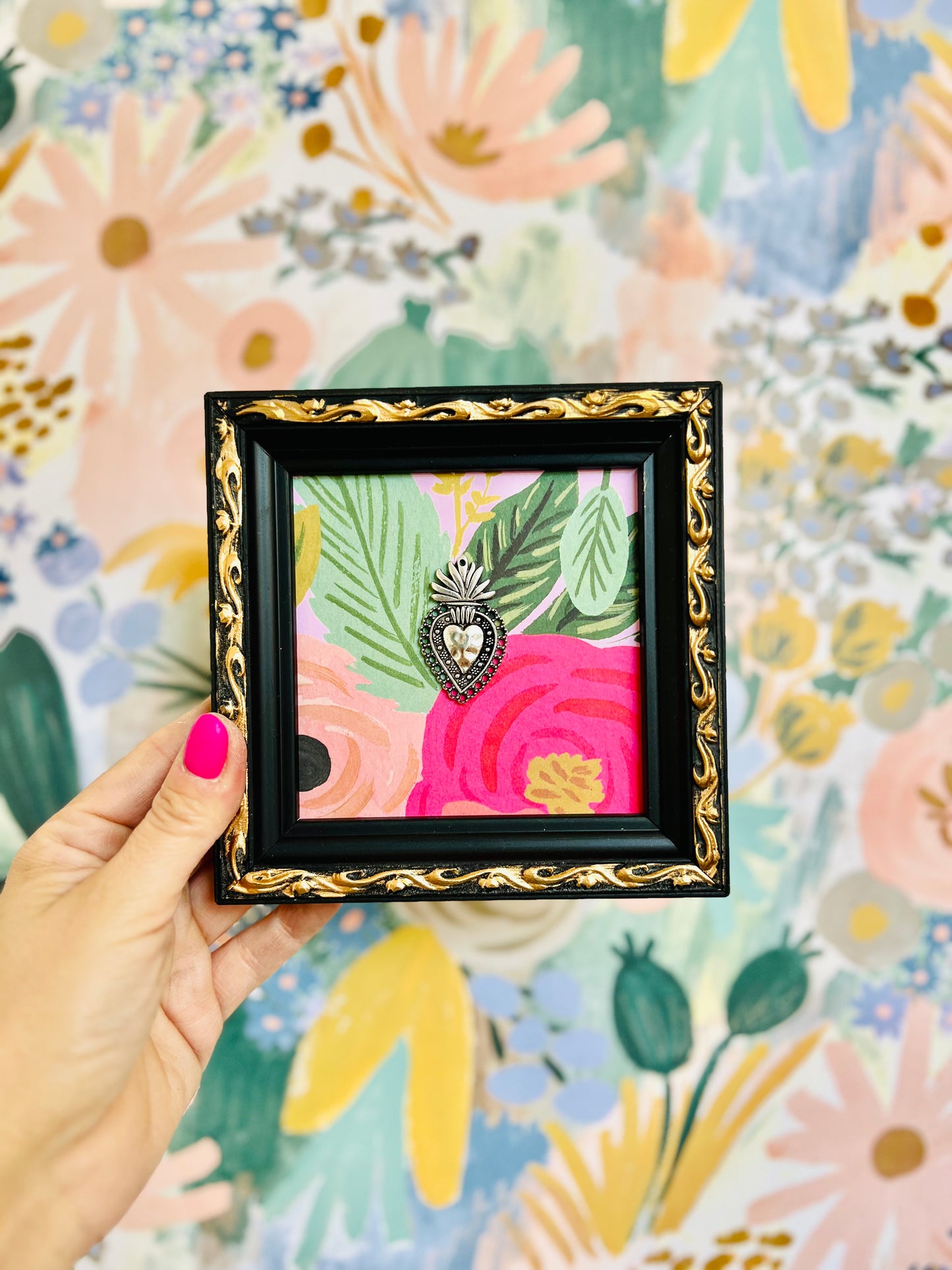 Cuadrito Mini Sagrado Corazón Floral Plata