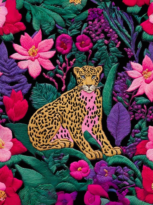 Cuadro Bordado Leopardo en flores VII