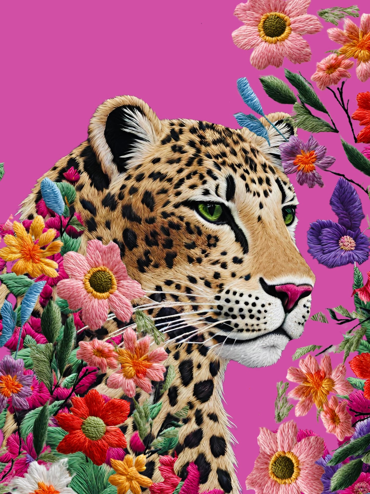 Cuadro Bordado Leopardo en flores