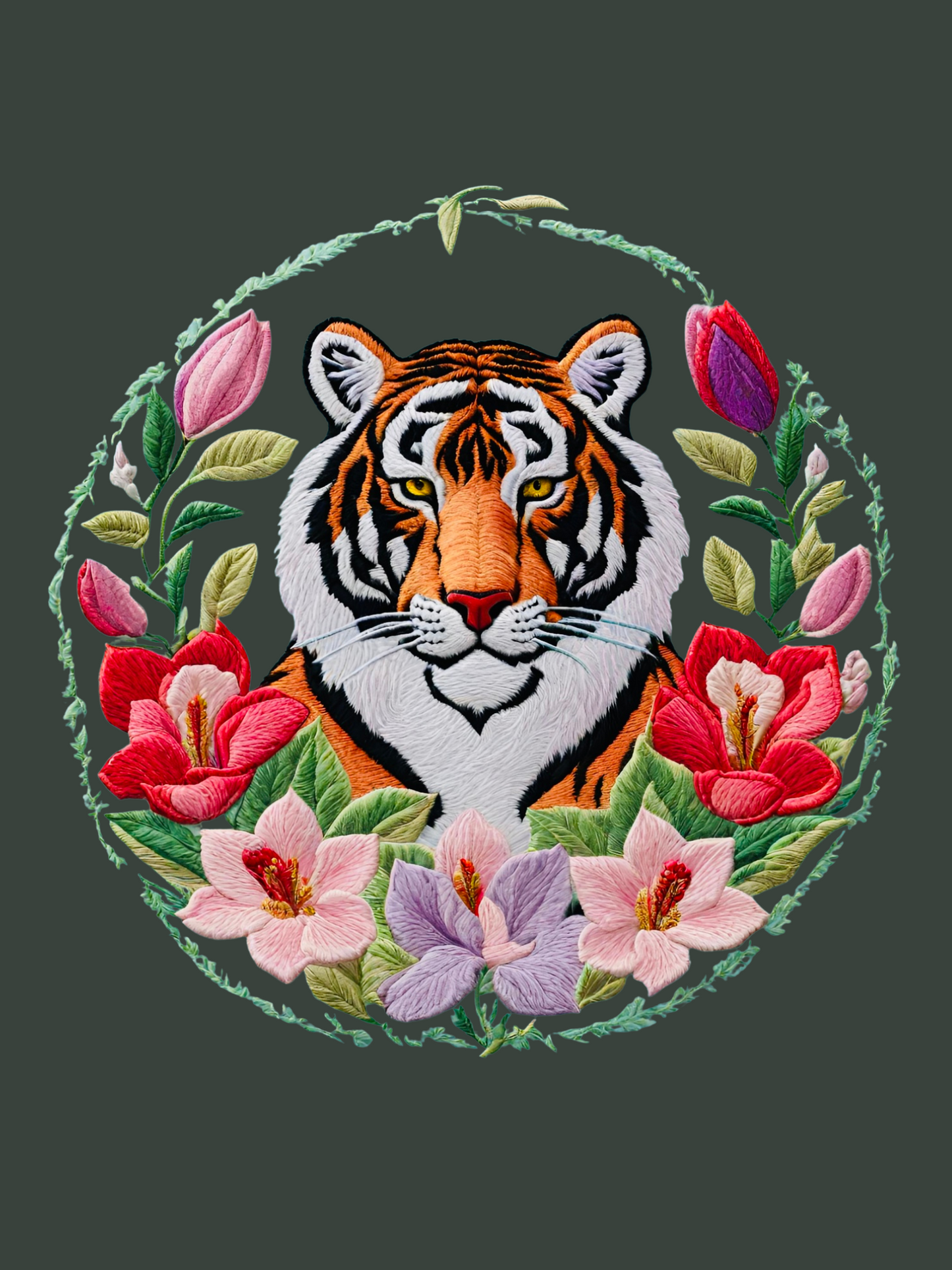 Cuadro Bordado Tigre en flores III