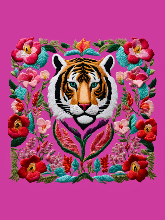 Cuadro Bordado Tigre en flores IV