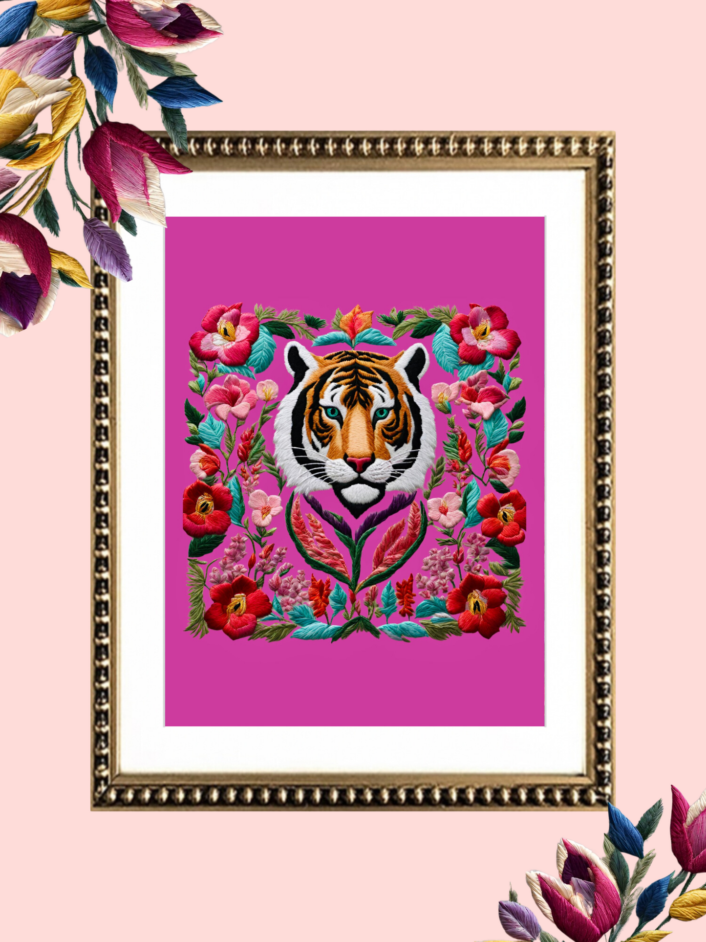 Cuadro Bordado Tigre en flores IV