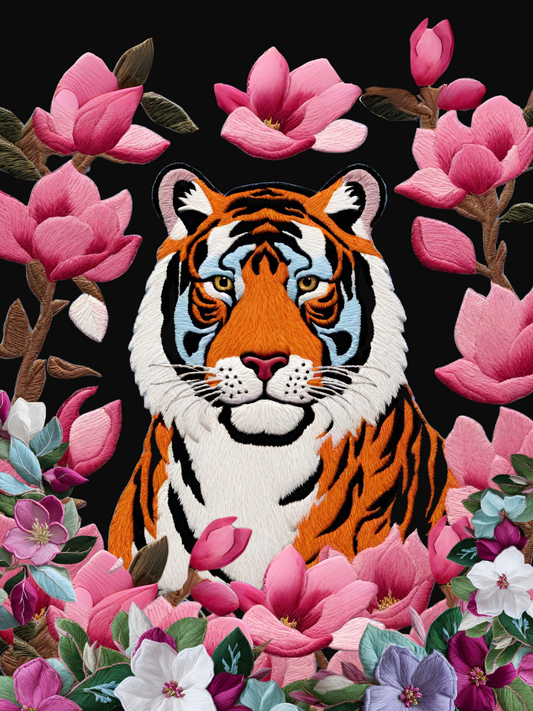 Cuadro Bordado Tigre en flores I