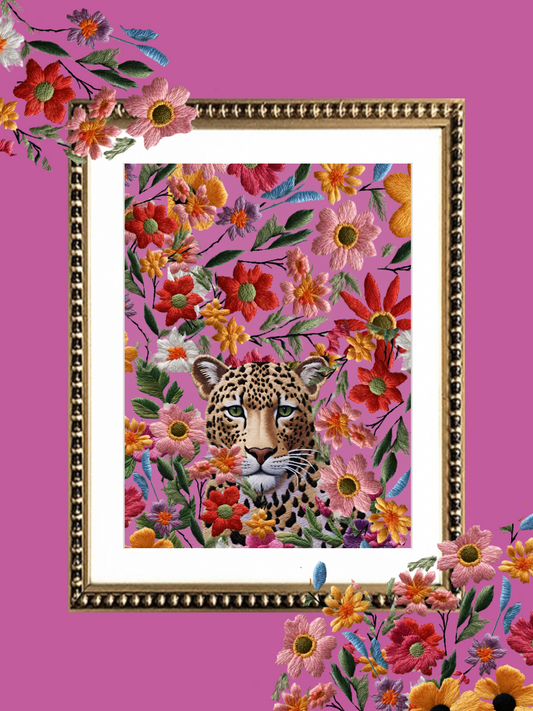 Cuadro Bordado Leopardo en flores II