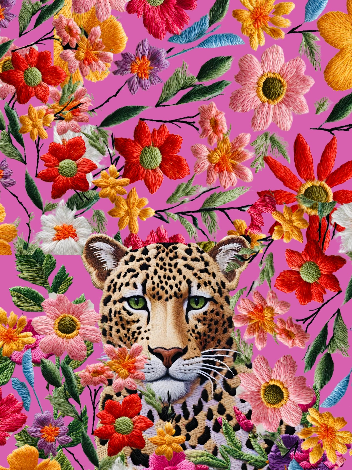 Cuadro Bordado Leopardo en flores II