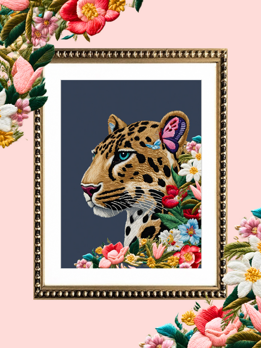 Cuadro Bordado Leopardo en flores VI