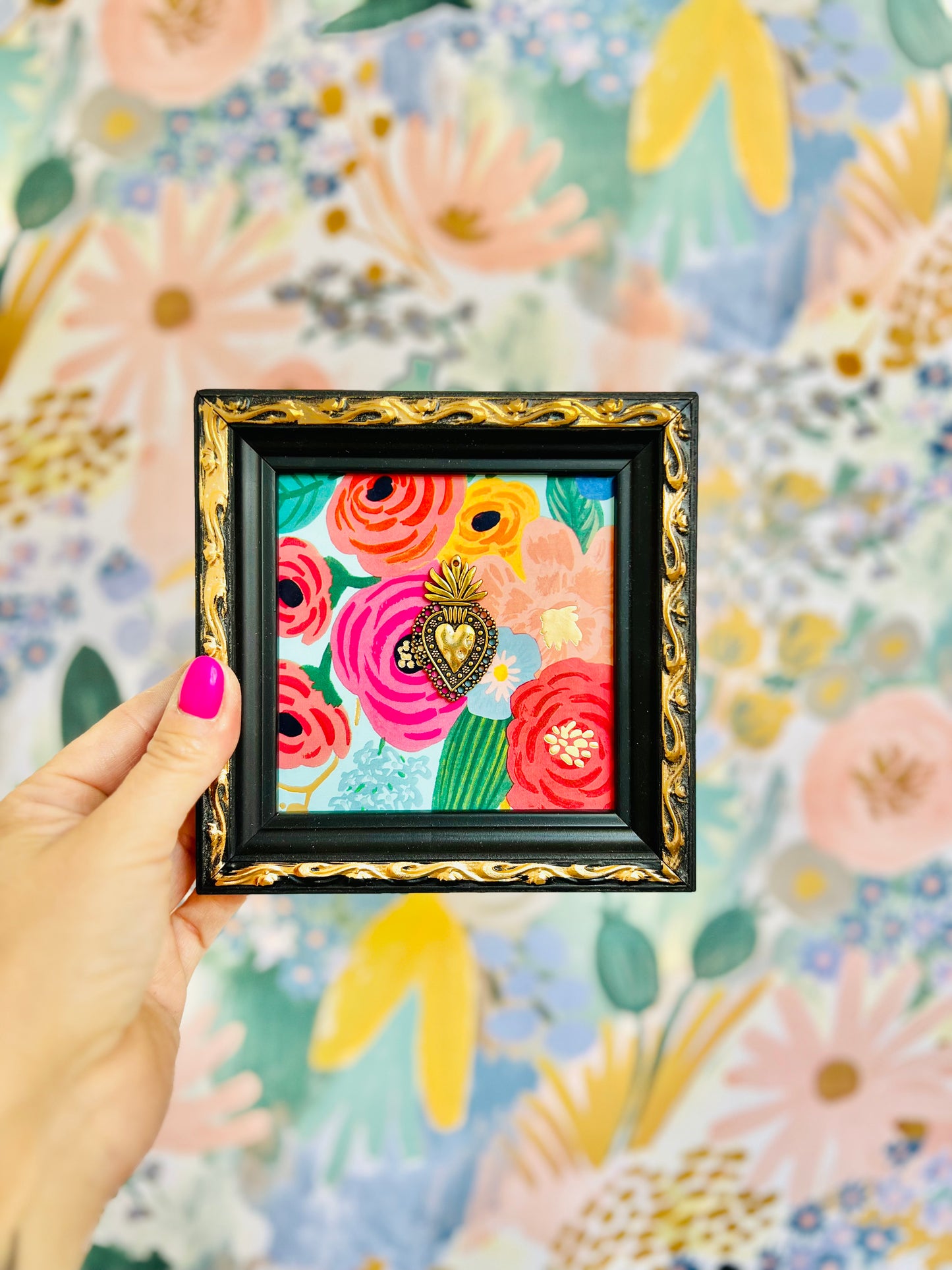 Cuadrito Mini Sagrado Corazón Floral Oro