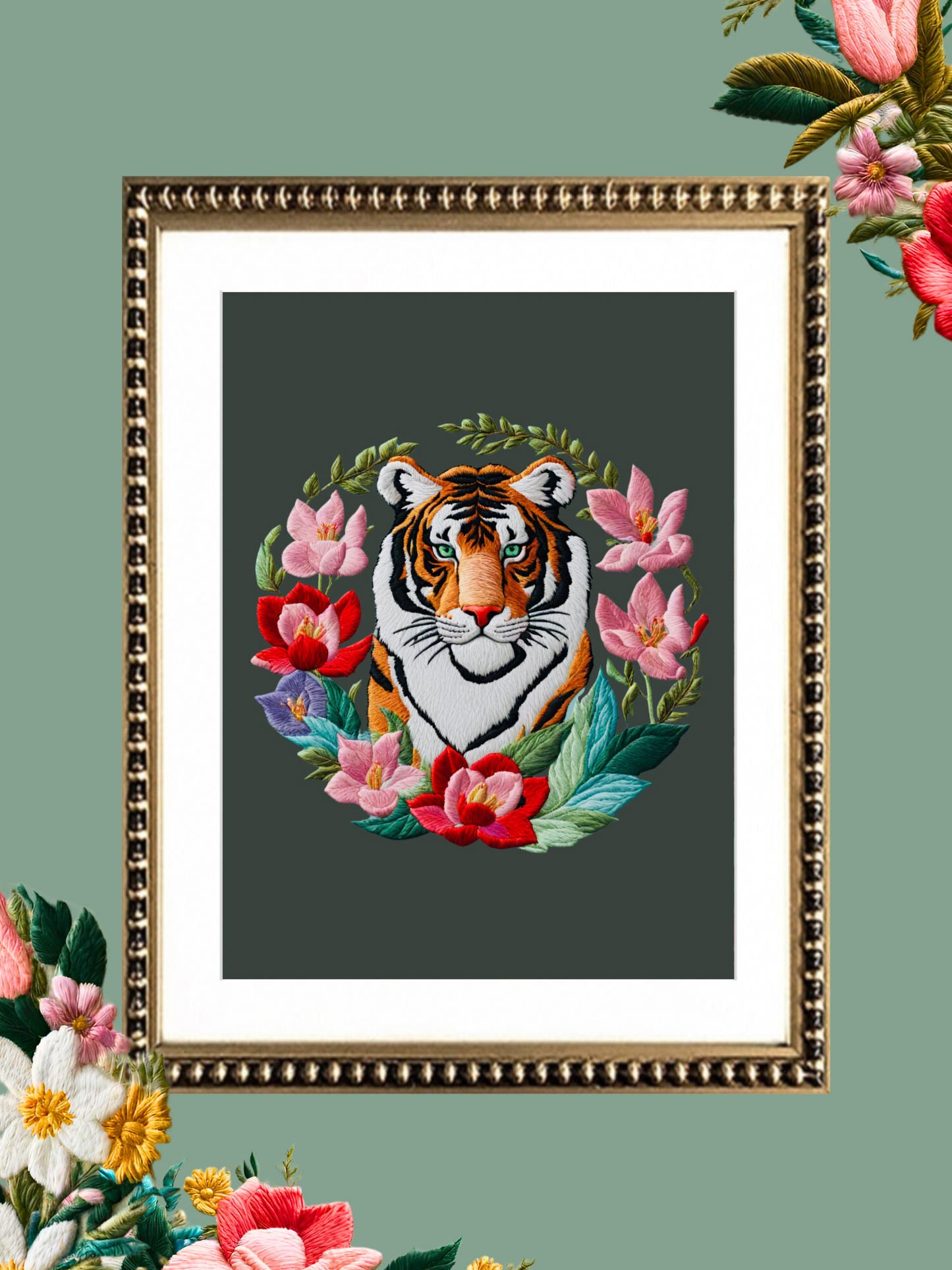 Cuadro Bordado Tigre en flores II