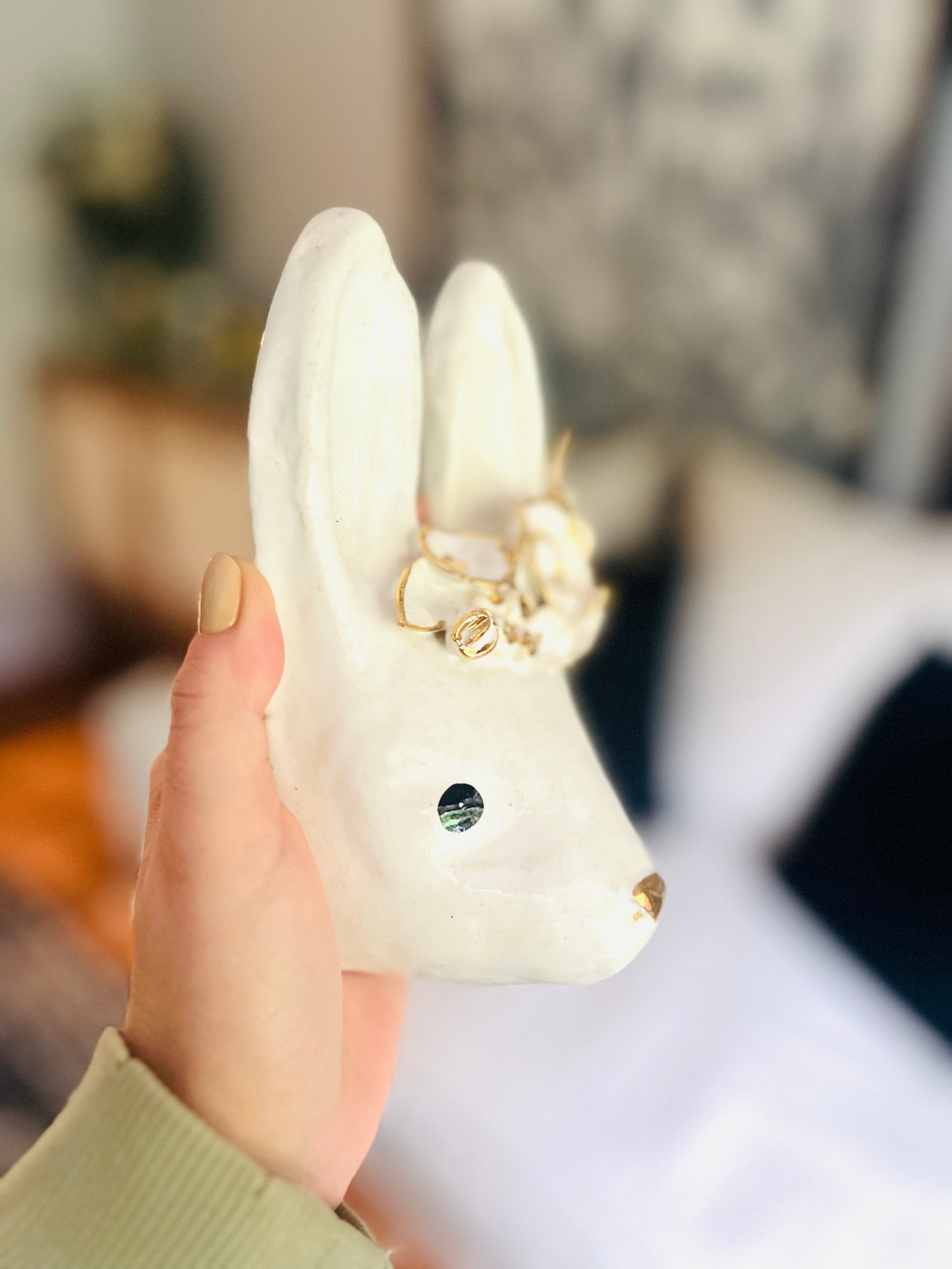 Conejo Blanco & Oro Cerámica Gres