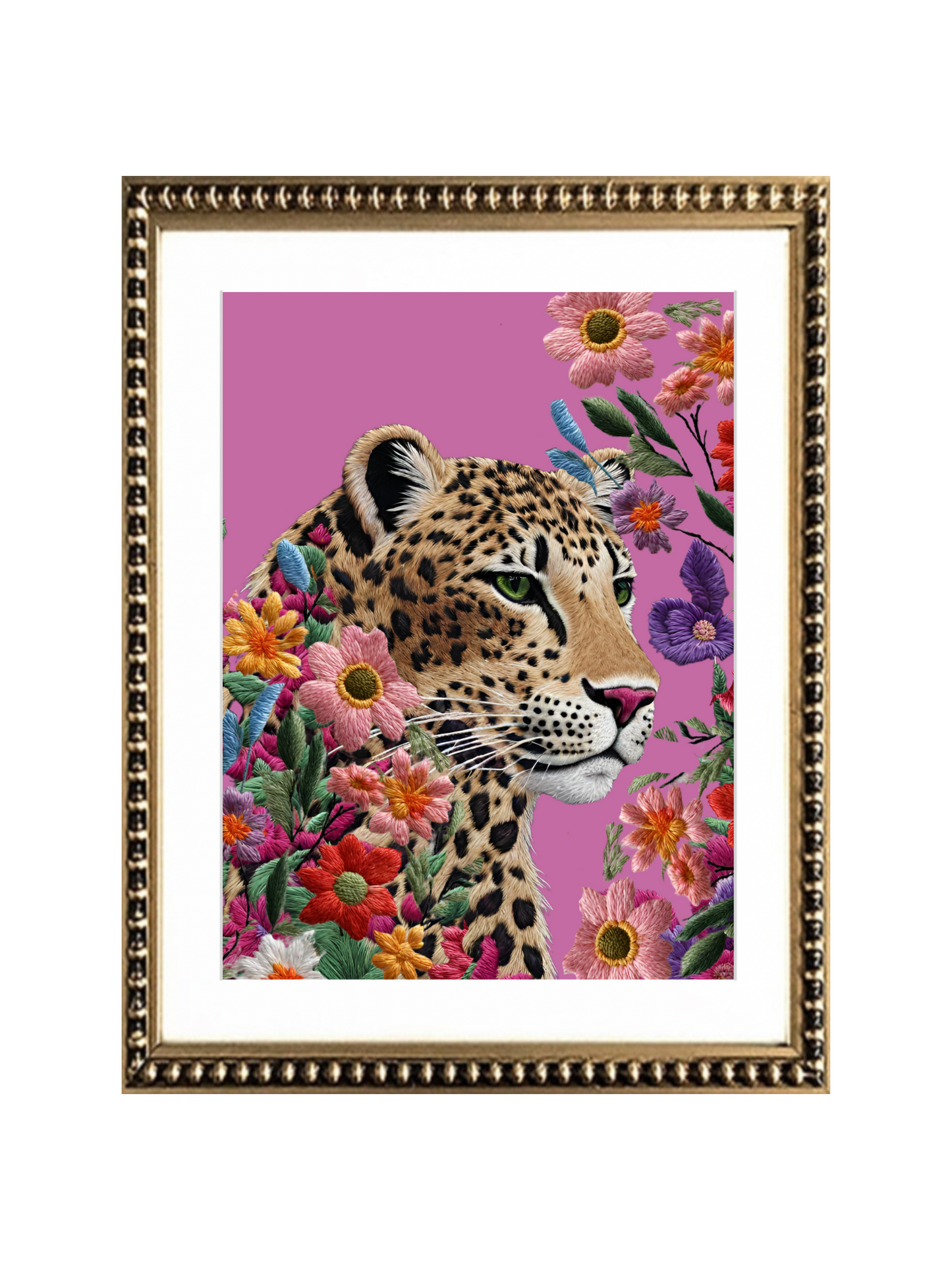 Cuadro Bordado Leopardo en flores