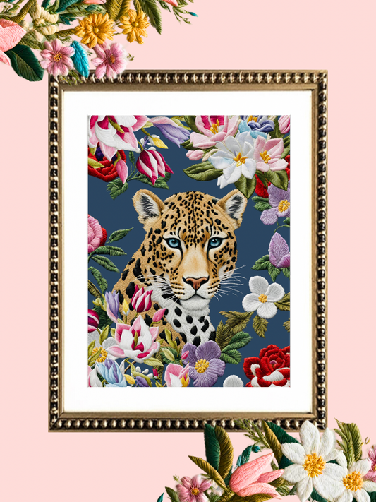 Cuadro Bordado Leopardo en flores V