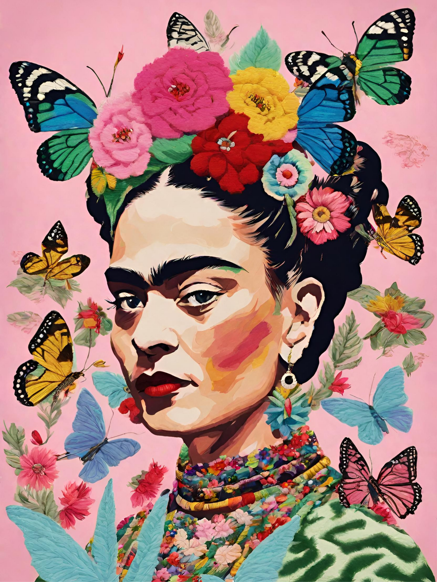 Cuadro Bordado Frida Mariposas