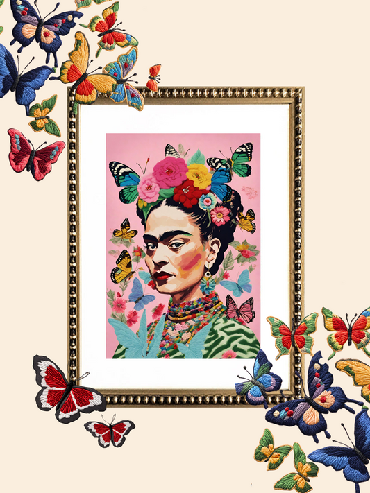 Cuadro Bordado Frida Mariposas