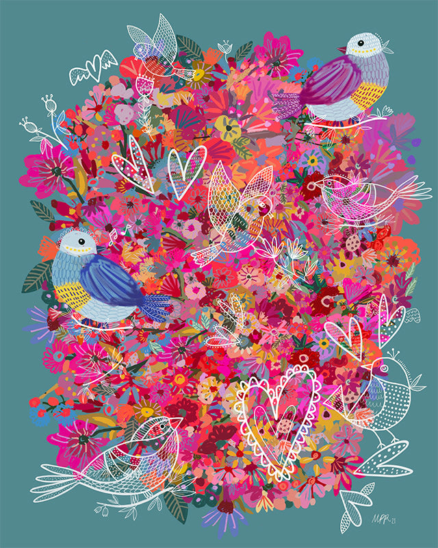 Pajaritos en Blanco y Flores