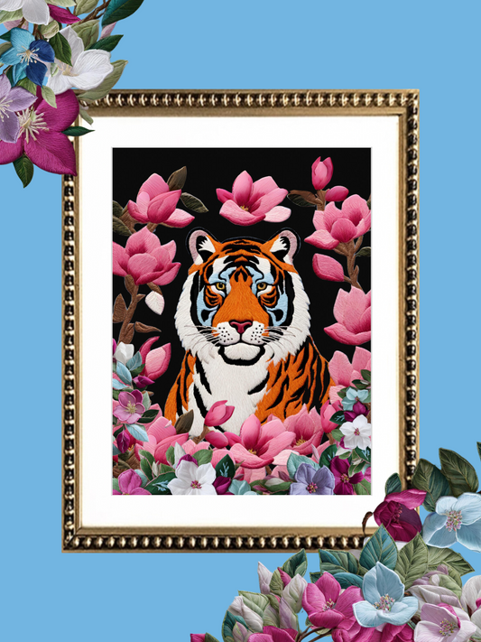 Cuadro Bordado Tigre en flores I