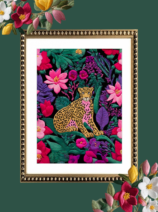 Cuadro Bordado Leopardo en flores VII