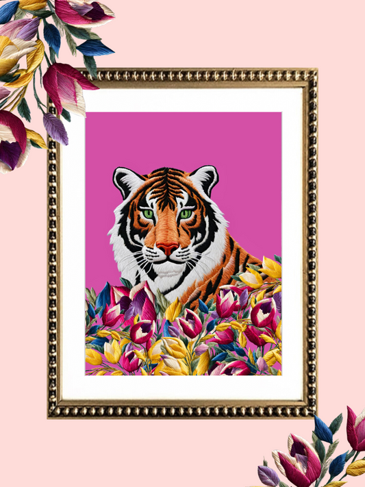 Cuadro Bordado Tigre en flores