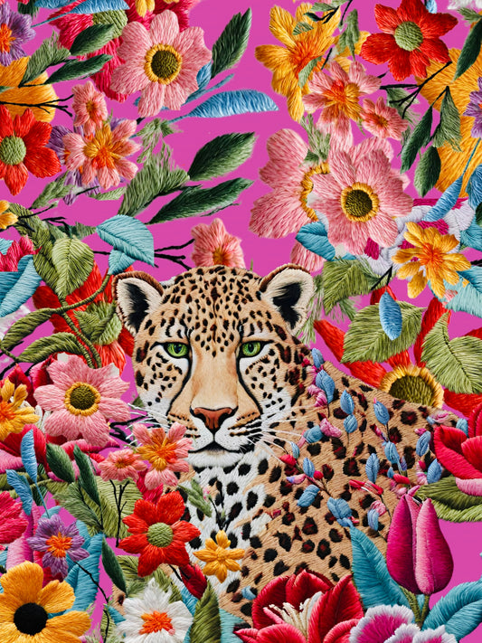 Cuadro Bordado Leopardo en flores III