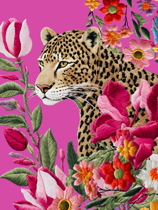 Cuadro Bordado Leopardo en flores I