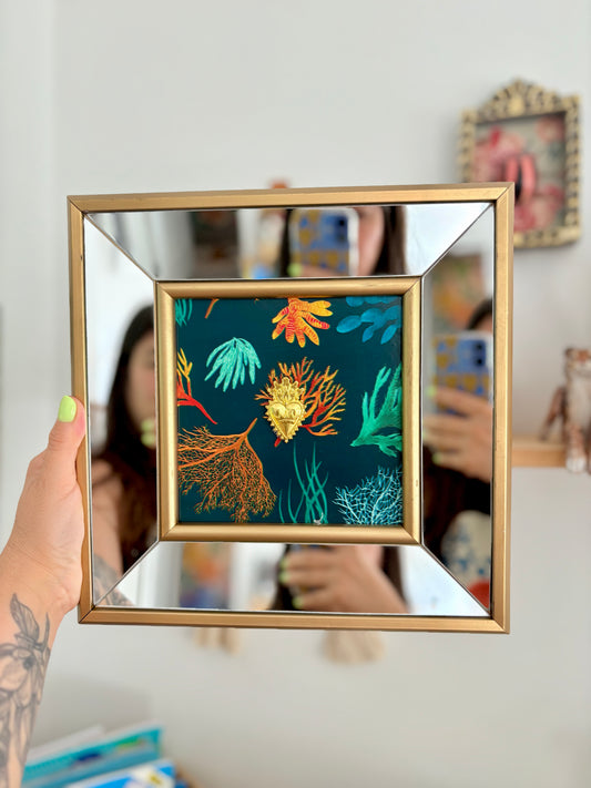 Cuadrito Corazón Corales Espejo Oro