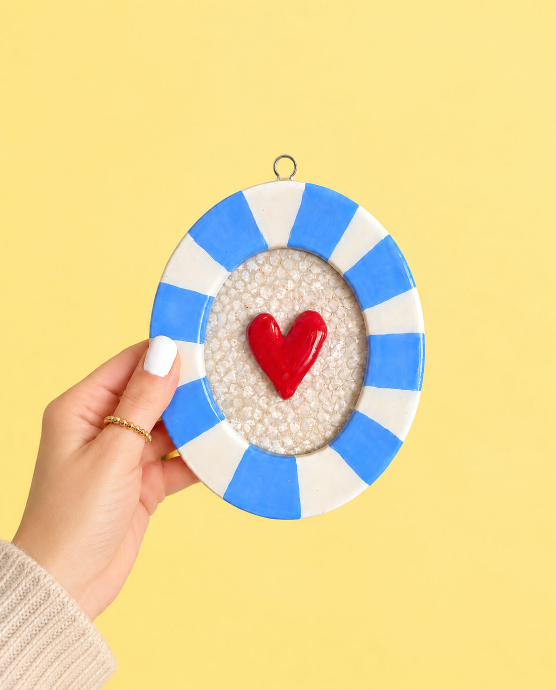 Cuadrito Corazón Cerámica Blanco y Celeste