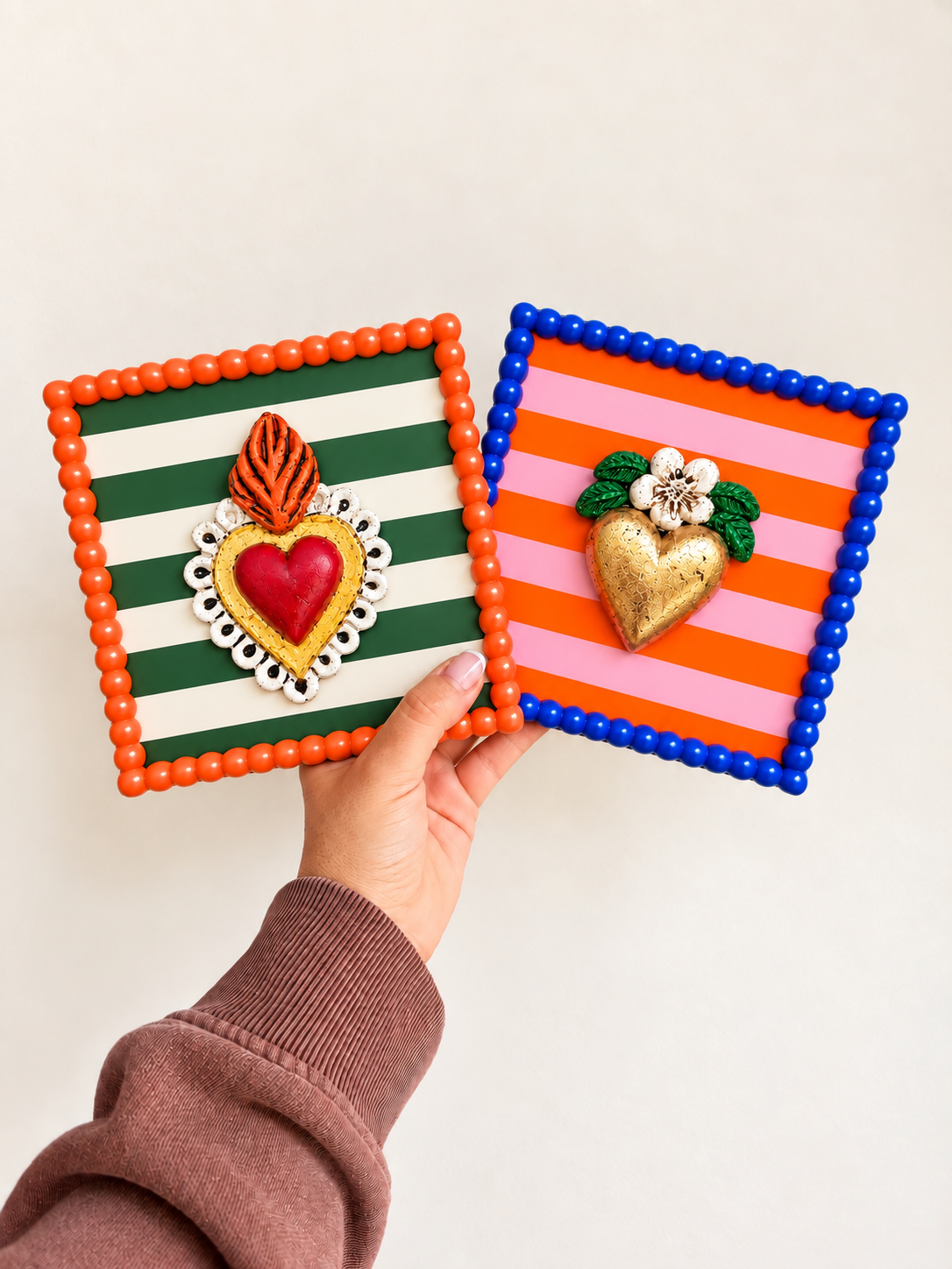 Pack 2 Cuadritos Corazón Perlas & Rayas